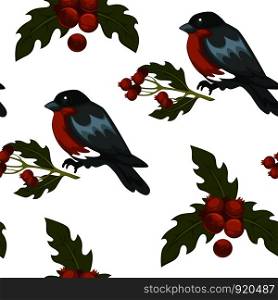 Merry Christmas bullfinch bird and mistletoe symbol seamless pattern isolated on white background vector. Traditional xmas leaves of plant and berries, animal with feathers. Birdie in winter. Merry Christmas bullfinch bird and mistletoe symbol seamless pattern isolated on white background vector.
