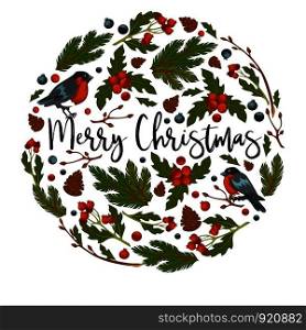 Merry Christmas, bullfinches and mistletoe leaves in circle shape vector. Red berries and birds with colorful feathers, cones and blueberries. Birdies on poster with greeting text, winter holiday. Merry Christmas, bullfinches and mistletoe leaves in circle