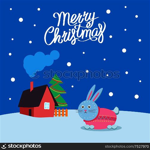 Merry Christmas bunny wearing sweater poster with greeting text vector. Rabbit walking by house with chimney and smoke. Winter season holiday card. Merry Christmas Bunny with Sweater Poster Vector