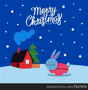 Merry Christmas bunny wearing sweater poster with greeting text vector. Rabbit walking by house with chimney and smoke. Winter season holiday card. Merry Christmas Bunny with Sweater Poster Vector