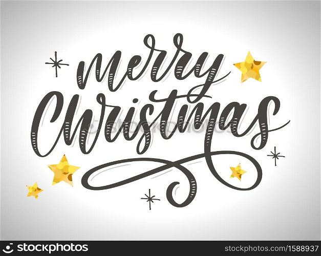 Merry Christmas Calligraphic Inscription Decorated with Golden Stars and Beads.. Merry Christmas Calligraphic Inscription Decorated with Golden Stars and Beads