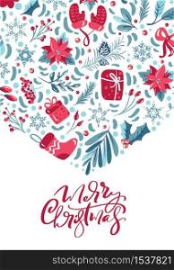 Merry Christmas calligraphic lettering hand written text. Greeting card design with floral xmas elements. Modern winter season postcard, brochure, wall art design.. Merry Christmas calligraphic lettering hand written text. Greeting card design with floral xmas elements. Modern winter season postcard, brochure, wall art design