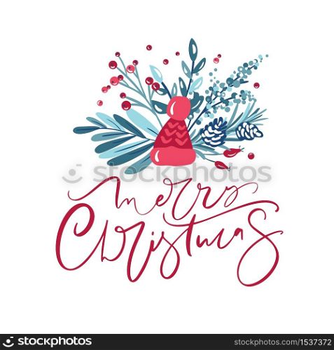 Merry Christmas calligraphic lettering hand written vector text. Greeting card design with floral plants xmas elements. Modern winter season postcard, brochure, wall art design.. Merry Christmas calligraphic lettering hand written vector text. Greeting card design with floral plants xmas elements. Modern winter season postcard, brochure, wall art design