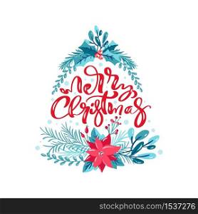 Merry Christmas calligraphic lettering hand written vector text form tree. Greeting card design with floral plants xmas elements. Modern winter season postcard, brochure, wall art design.. Merry Christmas calligraphic lettering hand written vector text form tree. Greeting card design with floral plants xmas elements. Modern winter season postcard, brochure, wall art design
