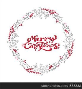 Merry Christmas Calligraphy vector text in xmas floral wreath frame. Lettering design in scandinavian style. Creative typography for Holiday Greeting Gift Poster.. Merry Christmas Calligraphy vector text in xmas floral wreath frame. Lettering design in scandinavian style. Creative typography for Holiday Greeting Gift Poster