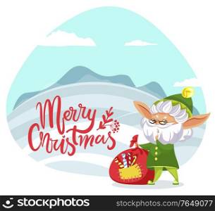 Merry christmas caption, designed poster. Unreal character hold sack with gifts for children. Xmas greeting postcard with elf standing outdoor, beautiful landscape. Vector illustration in flat style. Merry Christmas Greeting Card, Elf with Presents