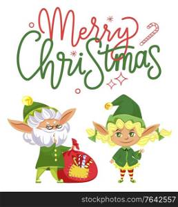 Merry christmas caption, greeting card. Two elves preparing gifts for kids on xmas holiday. Fairy character with sack of presents and little girl, santa claus helpers. Vector illustration in flat. Merry Christmas, Elves Preparing Presents for Kids