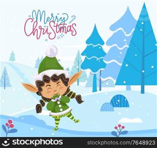 Merry christmas caption, greeting postcard. Elf stand alone in forest among fir trees. Fairy character in green traditional costume. Little girl greet people with holiday. Vector illustration in flat. Merry Christmas Greeting Card, Elf Stand in Forest