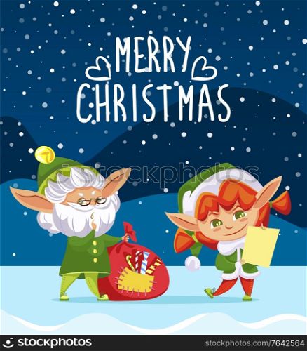 Merry christmas caption, greeting postcard. Elves in traditional costumes and hats standing together. Old elf hold red sack with gifts. Characters stand in evening forest. Vector illustration in flat. Merry Christmas Greeting with Holiday From Elves
