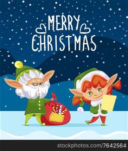 Merry christmas caption, greeting postcard. Elves in traditional costumes and hats standing together. Old elf hold red sack with gifts. Characters stand in evening forest. Vector illustration in flat. Merry Christmas Greeting with Holiday From Elves