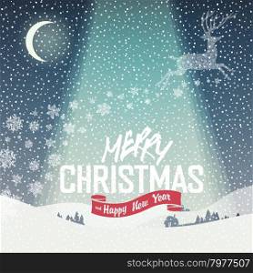 Merry Christmas Card. Calm Winter Scene Illustration. Merry Christmas Lettering