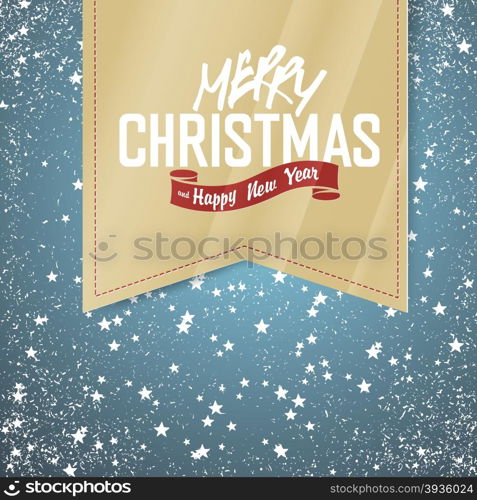 Merry Christmas Card. Falling Snow and Stars with Greeting Christmas Label