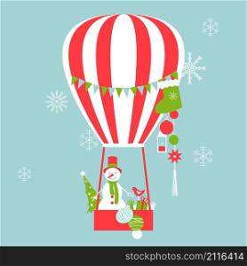Merry Christmas card. Hot air balloon with snowman. Vector illustration. Merry Christmas card.