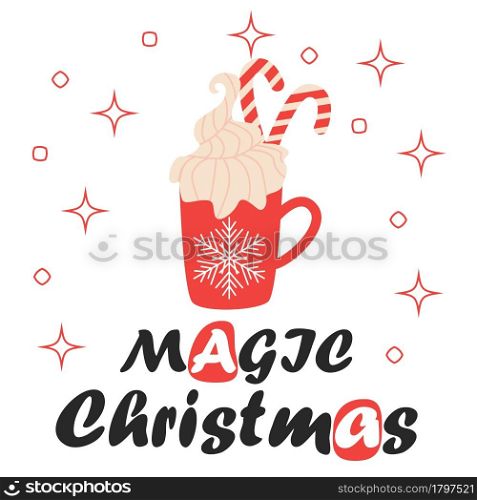 Merry Christmas Card. Red Mug with Hot Chocolate Cocoa, greeting card, apparel and label design.. Merry Christmas Card. Red Mug with Hot Chocolate Cocoa