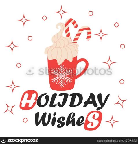 Merry Christmas Card. Red Mug with Hot Chocolate Cocoa, greeting card, apparel and label design.. Merry Christmas Card. Red Mug with Hot Chocolate Cocoa