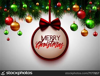 Merry Christmas card, round banner, red bow and pine leaves decorated with lights, vector illustration
