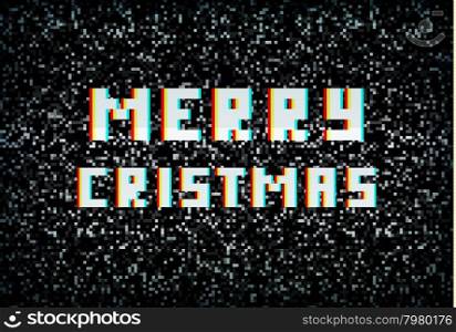Merry Christmas card, technology concept, pixel typography on noisy screen