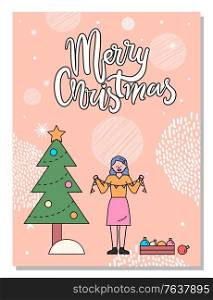 Merry christmas card vector, greeting with winter holidays. Woman holding garlands for decoration of pine tree and preparation for xmas. Celebration of seasonal events at home flat style spruce. Merry Christmas Greeting Card Xmas Preparation