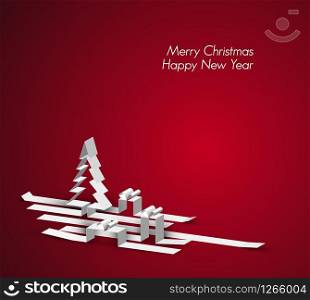 Merry Christmas card with a white tree and gift boxes made from paper stripes