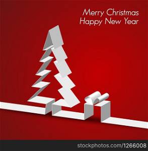 Merry Christmas card with a white tree made from paper stripe