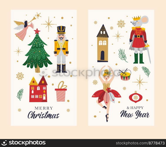 Merry Christmas Card with Ballerina, Mouse King and Nutcracker.. Merry Christmas, New Year set with Nutcracke, Ballerina, Mouse King. Christmas card with three and toys.