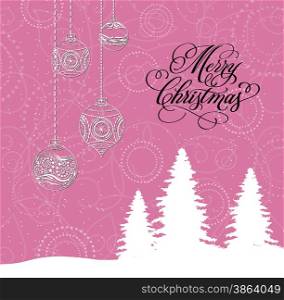 Merry christmas card with christmas trees and balls