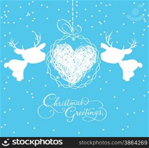 Merry christmas card with deer and ball heart