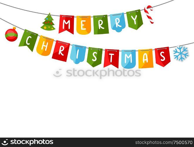 Merry Christmas card with garland of flags. Background for festival and party.. Merry Christmas card with garland of flags.