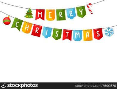 Merry Christmas card with garland of flags. Background for festival and party.. Merry Christmas card with garland of flags.