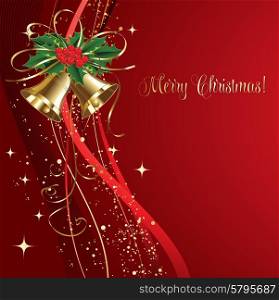 Merry Christmas card with gold bells . Vector illustration.. Merry Christmas card with gold bells