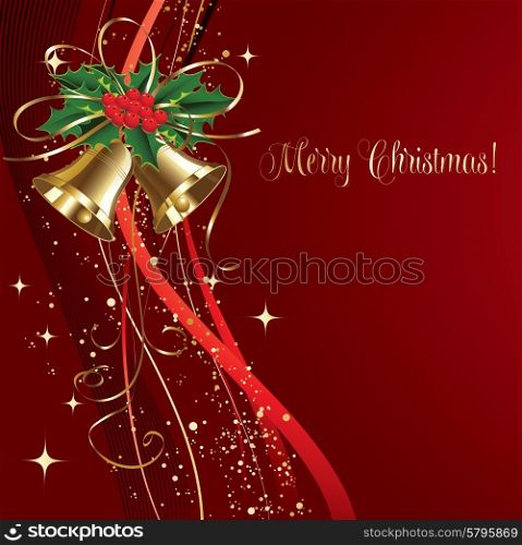 Merry Christmas card with gold bells . Vector illustration.. Merry Christmas card with gold bells