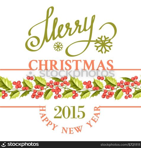 Merry christmas card with line border of misletoe wreath. Vector illustration.