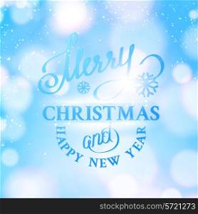 Merry Christmas card with Merry Christmas text on bright bokeh background. Vector illustration.