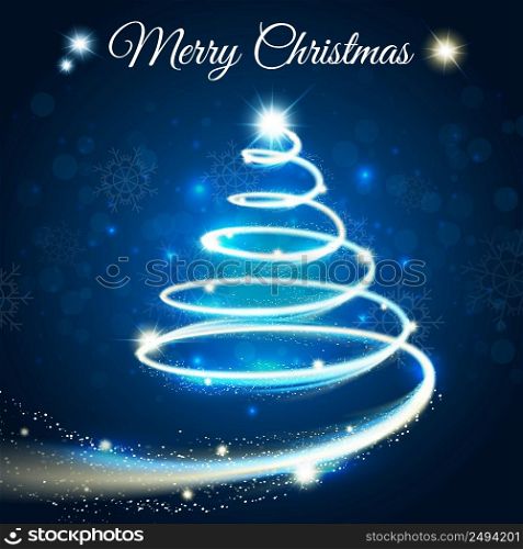 Merry christmas card with outline tree drawn by light blue strip on darck blue background vector illustration. Merry Christmas Card