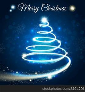 Merry christmas card with outline tree drawn by light blue strip on darck blue background vector illustration. Merry Christmas Card