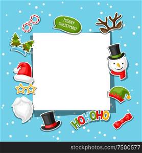 Merry Christmas card with photo booth stickers. Design for festival and party.. Merry Christmas card with photo booth stickers.