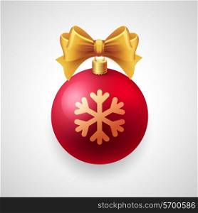 Merry Christmas card with red bauble and gold ribbon. Vector illustration. EPS 10