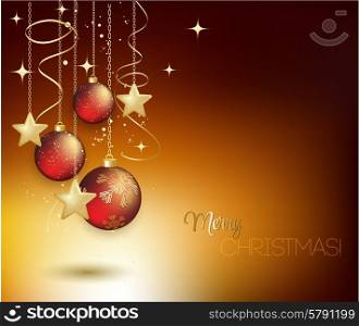 Merry Christmas card with red bauble . Vector illustration.. Merry Christmas gold greeting card with red bauble