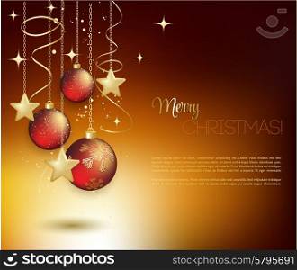 Merry Christmas card with red bauble . Vector illustration.. Merry Christmas gold greeting card with red bauble