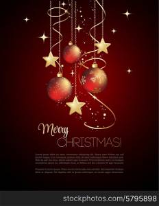 Merry Christmas card with red bauble . Vector illustration.. Merry Christmas card with bauble