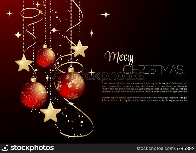 Merry Christmas card with red bauble . Vector illustration.. Merry Christmas gold greeting card with bauble