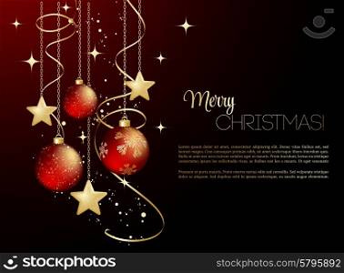 Merry Christmas card with red bauble . Vector illustration.. Merry Christmas gold greeting card with bauble