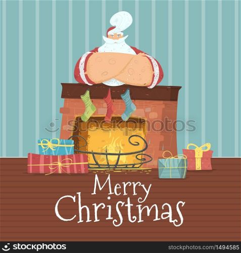 Merry Christmas Card with Santa Claus in Red Costume and Hat Stand with Crossed Arms Leaning on Fireplace with Burning Fire, Hanging Socks and Presents at Home Cartoon Flat Vector Illustration, Banner. Merry Christmas Card with Santa Claus in Costume