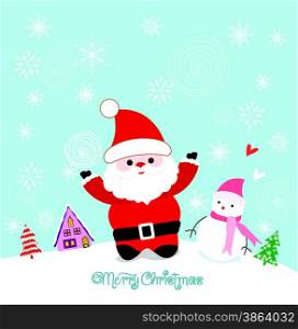Merry christmas card with santa claus, snowman and christmas house
