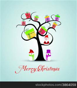 Merry christmas card with santaclaus and gift on tree