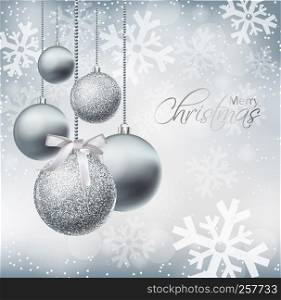 Merry Christmas card with silver baubles Vector realistic. Christmas shiny glitter decorations. Holidays winter poster. Detailed 3d illustration decor. Merry Christmas card with silver baubles Vector realistic. Christmas shiny glitter decorations. Holidays winter poster. Detailed 3d illustration decors