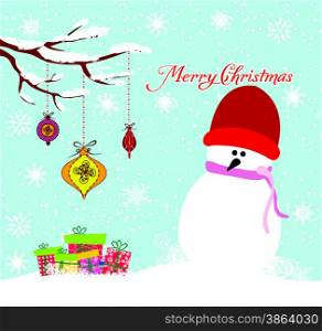 Merry christmas card with snowman and gift