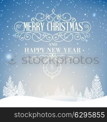 Merry christmas card with spruce branches, glowing snowflakes and greeting text. Vector illustration,