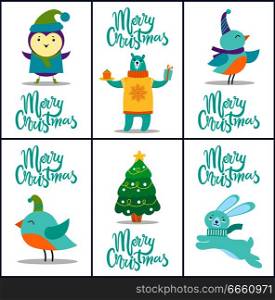 Merry Christmas, cards and titles collection, images of birds with hats and scarves, bear wearing knitted sweater and pine tree vector illustration. Merry Christmas Cards, Titles Vector Illustration