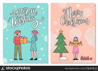 Merry christmas cards set vector, people on winter holidays celebrating events together. Woman and man exchanging gifts. Lady decorating pine tree with garlands and baubles. Minimalist postcard. Merry Christmas and Happy Winter Holidays Cards